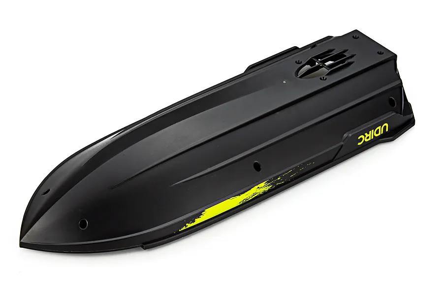 A black UDI RC boat bottom hull spare part with green accent detailing and UDIRC branding on a white background.