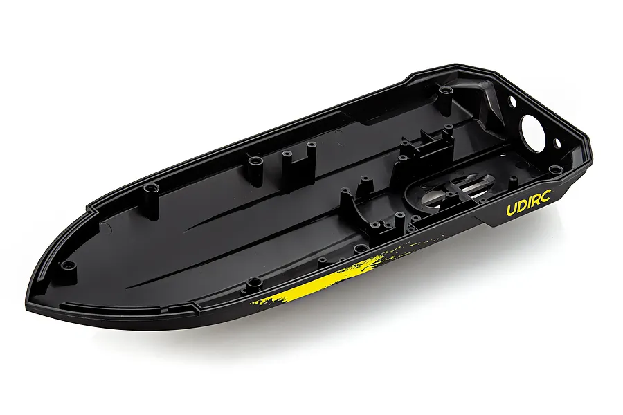 A black plastic RC boat bottom hull replacement part with yellow UDIRC branding on a white background.