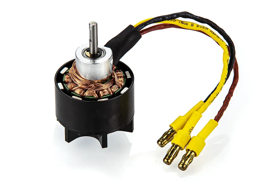 A UDI brushless motor for RC boats featuring a black casing, copper windings, a silver shaft, and three wires with yellow bullet connectors.