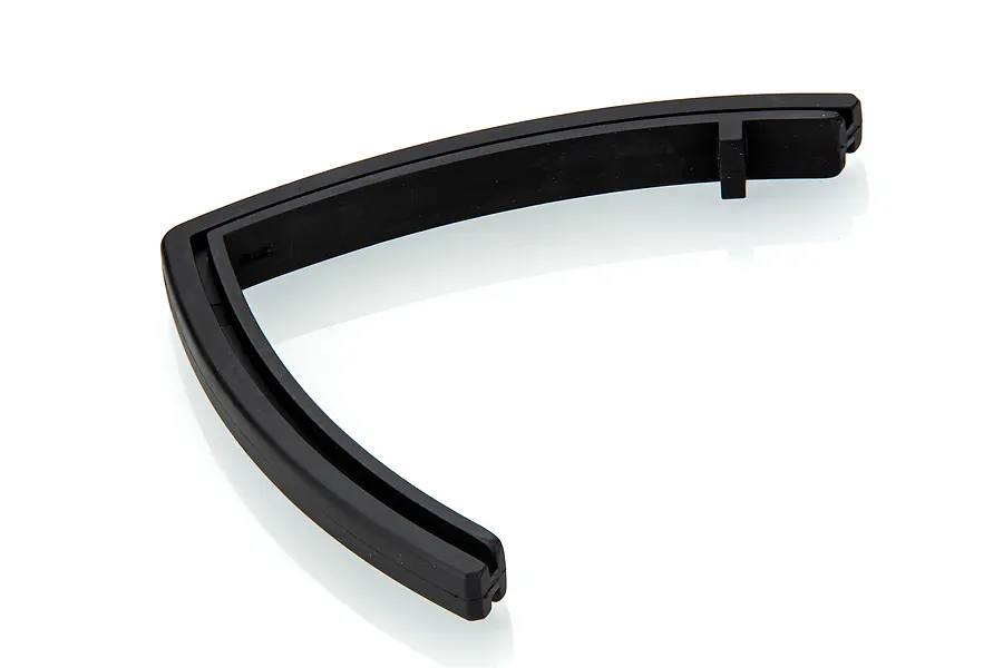 A black UDI RC front bumper or brace spare part for an RC boat, shown from an angled perspective against a white background.