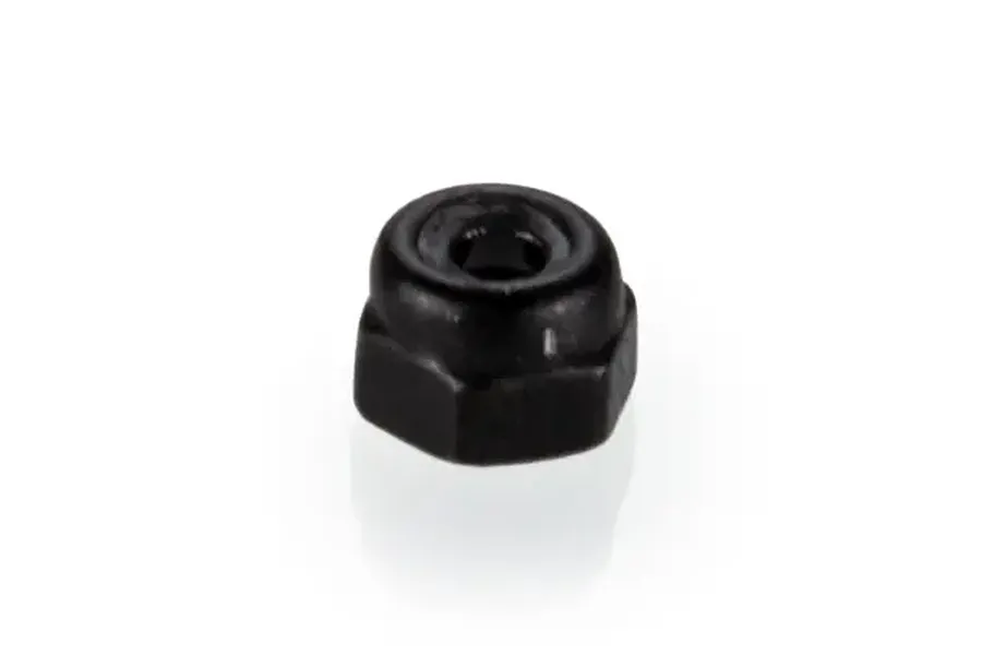 A single black 2mm nyloc nut shown against a plain white background.
