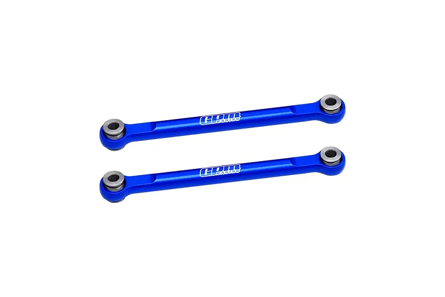 Two blue anodized aluminium RC steering linkages with GPM Racing branding, featuring metal pivot ball ends.