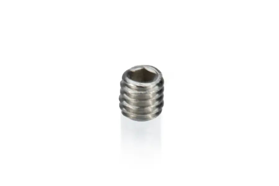 A single small metal grub screw with a hexagonal socket head, shown against a plain white background.