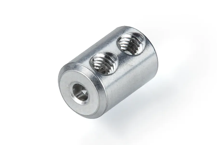 A silver metal motor shaft coupler with two threaded holes for set screws, isolated on a white background.