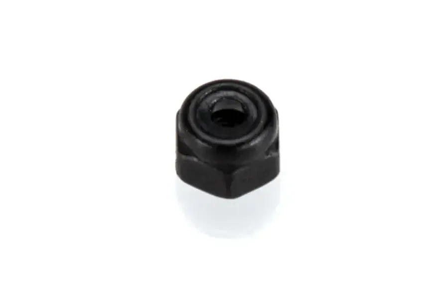 A single black 2mm nyloc nut shown from a top-down angle against a white background.
