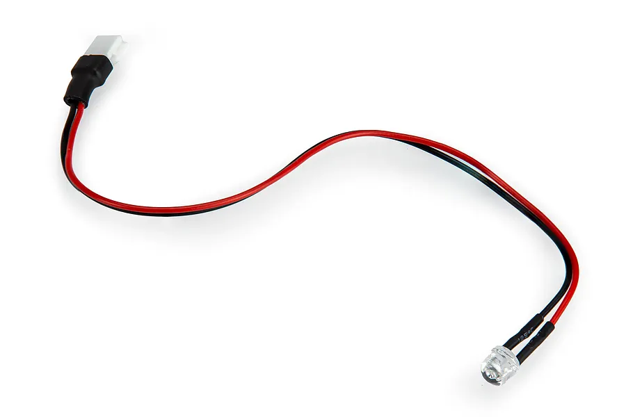 A single LED light component with red and black wires connected to a small white plastic plug, isolated on a white background.