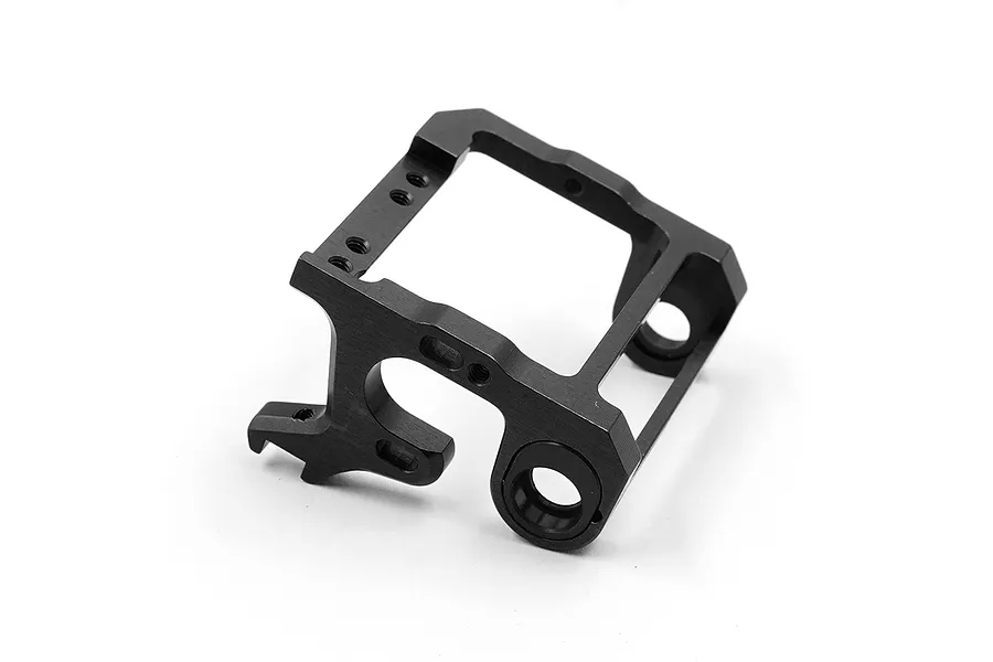 A black anodized aluminium LCG motor mount for RC cars, shown from a high-angle perspective against a white background.