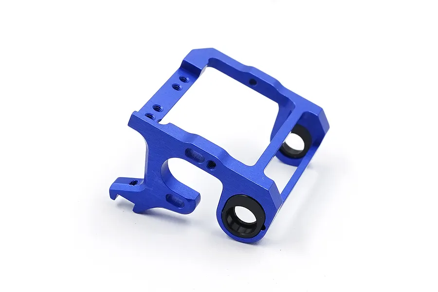 A dark blue anodized aluminium LCG motor mount for RC cars, featuring a precision-machined frame with integrated black circular bushings.
