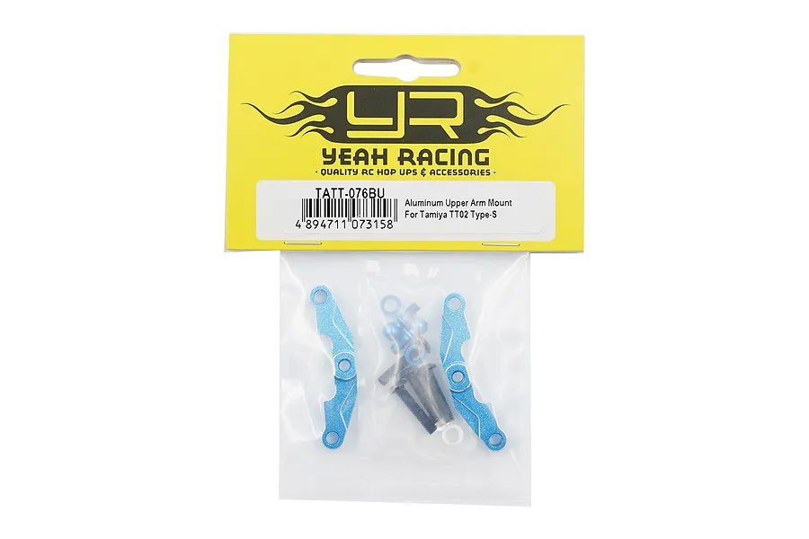 Yeah Racing blue aluminium upper suspension arm mounts for Tamiya TT02 Type-S in original retail packaging.