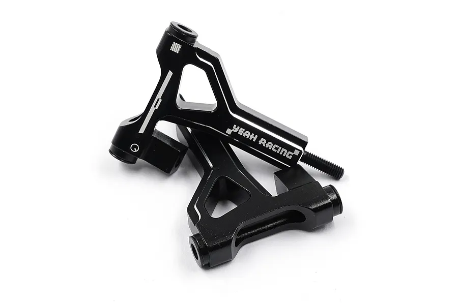 Two black anodized aluminium front lower suspension arms for RC cars by Yeah Racing, featuring machined cutouts and white branding.