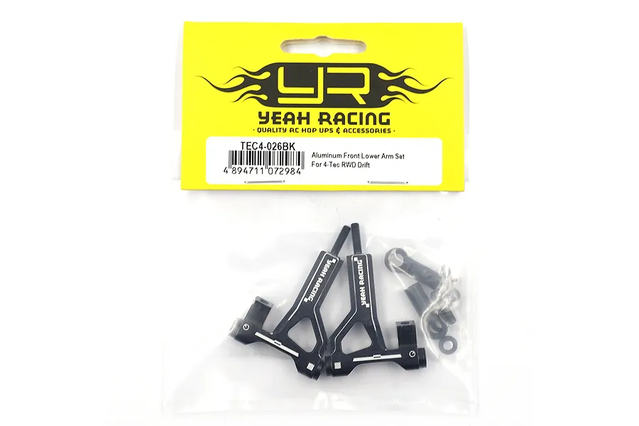 Yeah Racing black aluminium front lower suspension arms for 4-Tec RWD Drift in original yellow and white retail packaging.