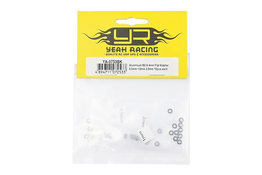 A sealed plastic bag containing a set of black aluminium washers in various thicknesses, with a yellow Yeah Racing header card.
