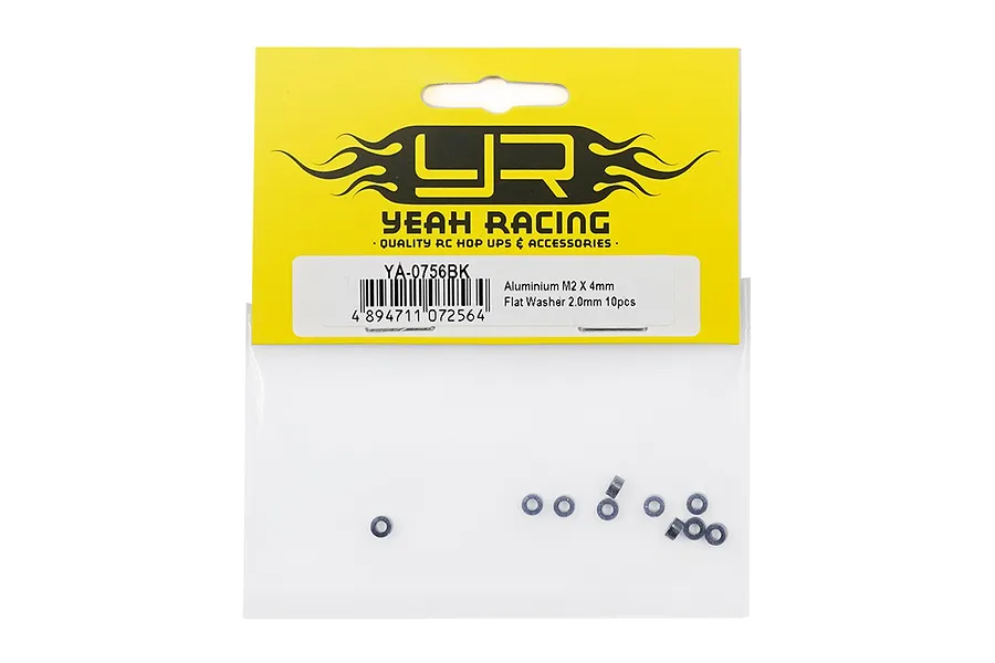 A pack of 10 black aluminium washers from Yeah Racing, shown in their original yellow and clear plastic retail packaging.