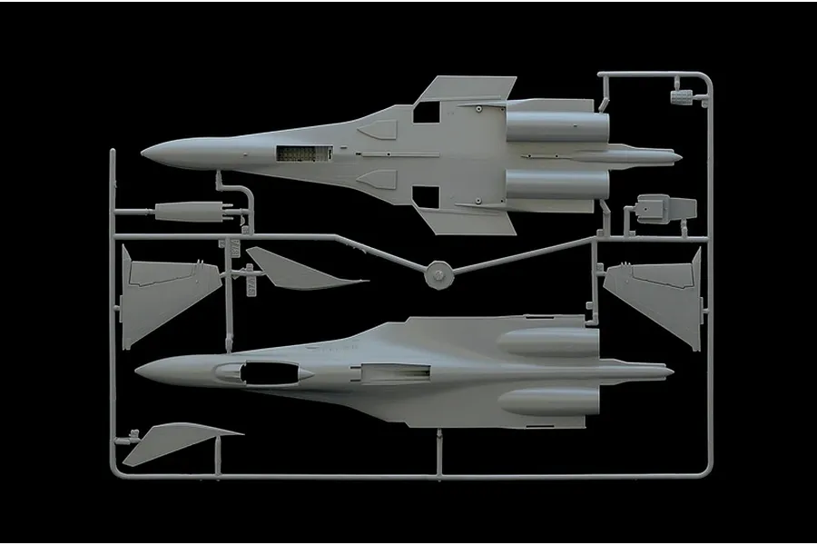 A grey plastic model kit sprue containing the fuselage and wing components for an Italeri 1/72 scale Su-33 Sea Flanker fighter jet.