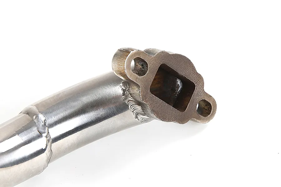 Close-up of the mounting flange and welded pipe section of a Rovan RC exhaust pipe.