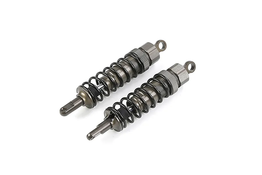 Two gunmetal grey Rovan adjustable RC shock absorbers with black coil springs, shown against a white background.
