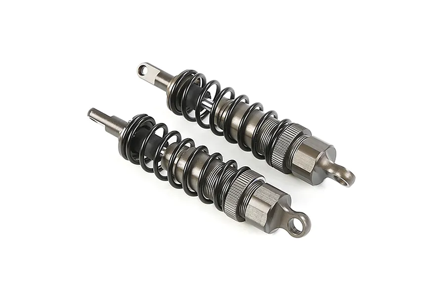 Two Rovan gunmetal adjustable RC shock absorbers positioned diagonally on a white background.