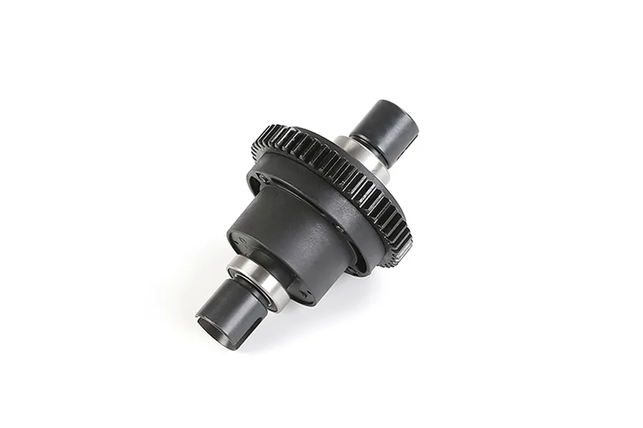A complete Rovan RC differential assembly featuring a black plastic housing, a large metal ring gear, and two drive cups with ball bearings.