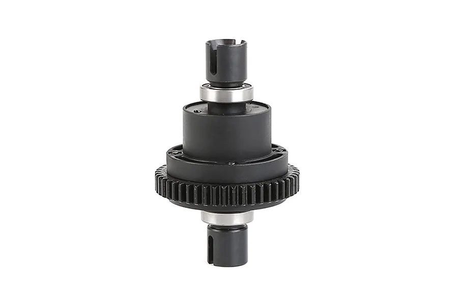 A complete Rovan RC differential assembly featuring a black gear housing, metal drive cups, and ball bearings on a white background.