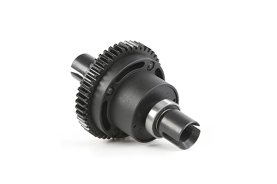 A complete black RC differential assembly with a large gear and metal drive cups on a white background.
