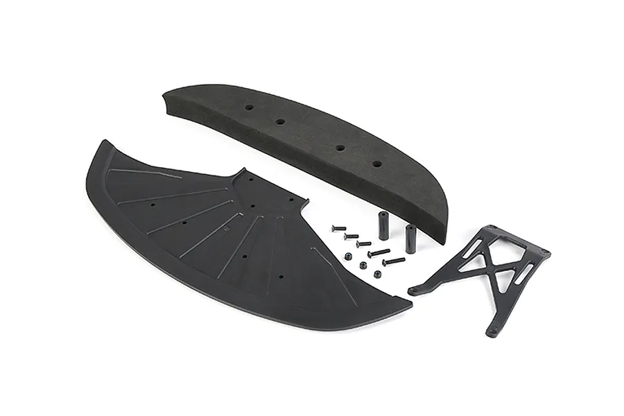 Rovan front bumper set including a foam bumper, plastic bumper plate, support brace, and mounting hardware on a white background.