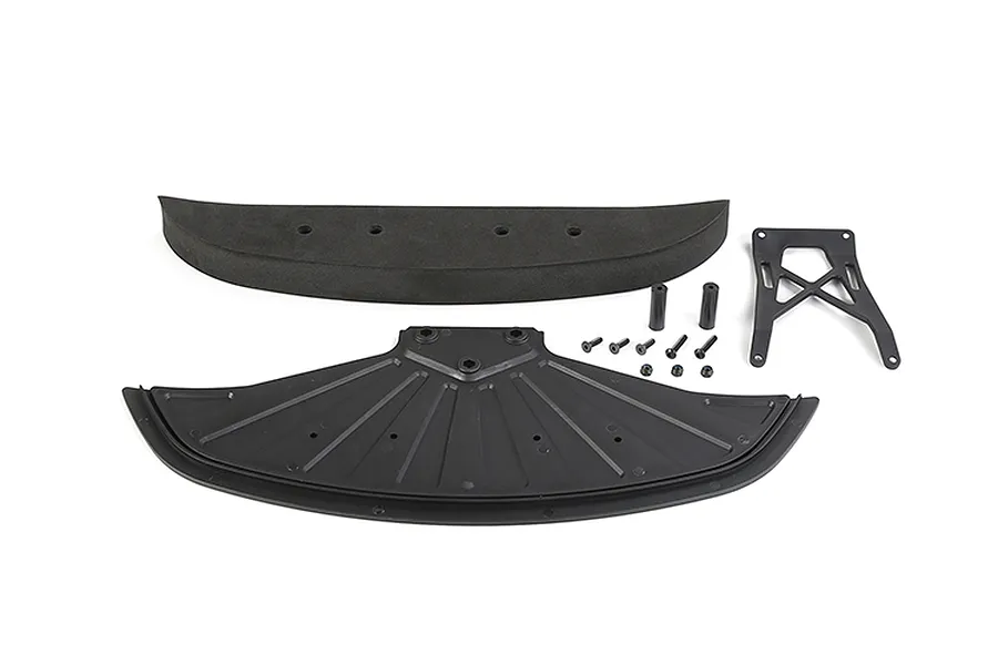 Rovan front bumper set including a foam bumper, plastic skid plate, support bracket, and mounting hardware on a white background.