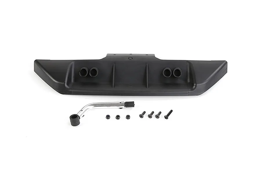 Rovan rear bumper set for RC cars, including a black plastic bumper, metal support bar, and various screws and nuts on a white background.