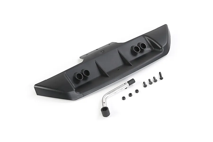 A black plastic rear bumper for an RC car with four exhaust pipe details, accompanied by a metal support bar, screws, and nuts on a white background.