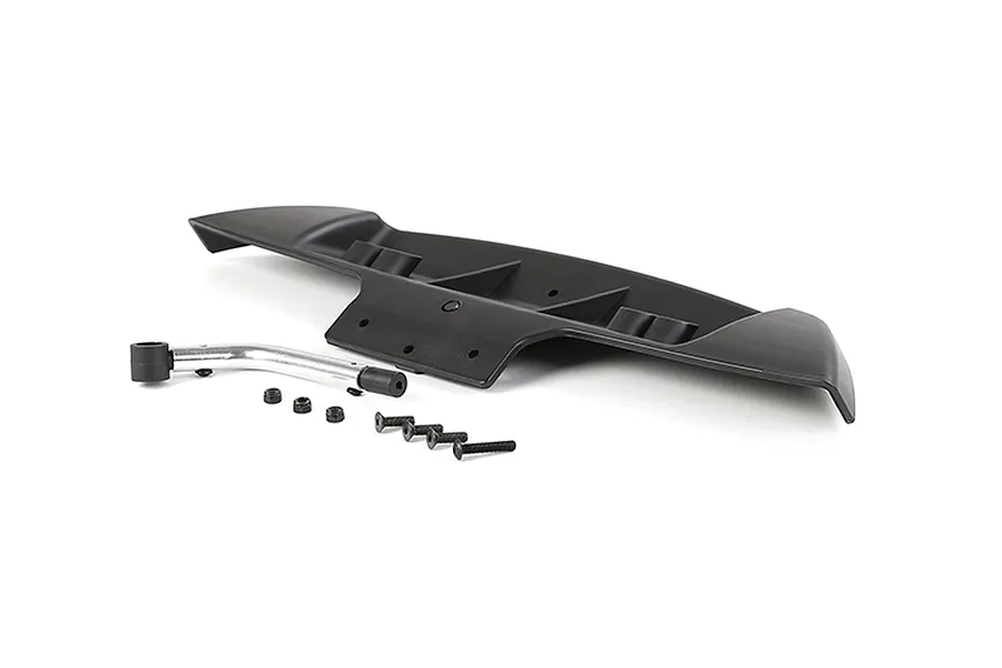 Rovan rear bumper set for RC car including a black plastic bumper, metal support bar, and small hardware components.