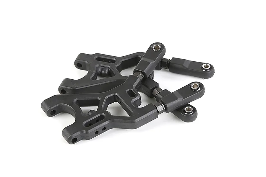 Two black plastic RC rear lower suspension arms with attached ball joints on a white background.