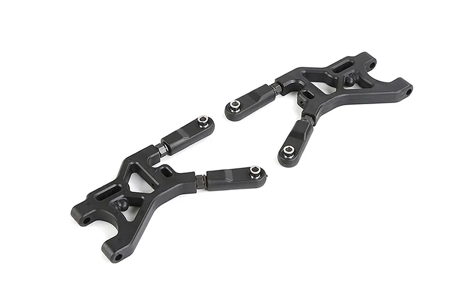 Two black plastic RC rear lower suspension arms with metal pivot ball ends on a white background.