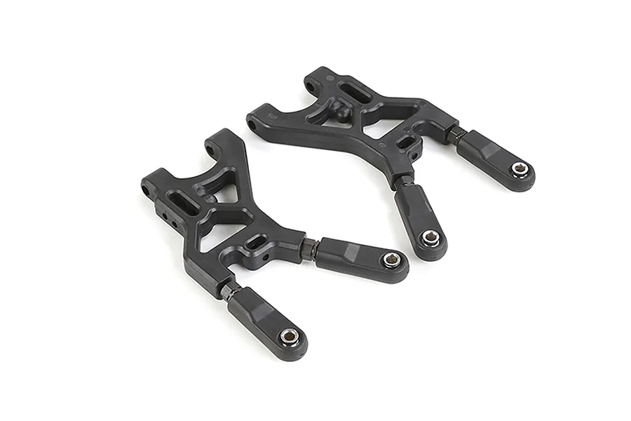 Two black plastic rear lower suspension arms for an RC car, shown from a top-down angle against a white background.