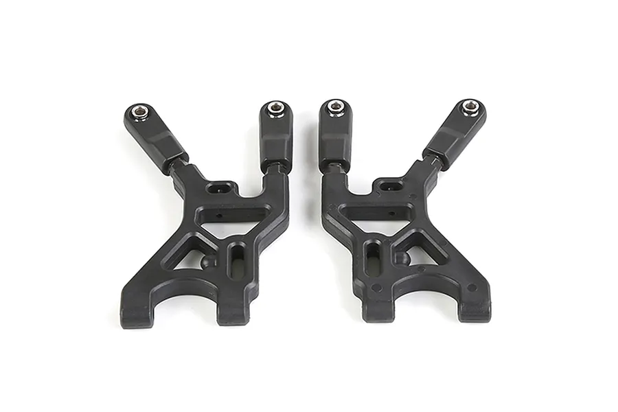 A pair of black plastic rear lower suspension arms for an RC vehicle, shown from a top-down perspective against a white background.