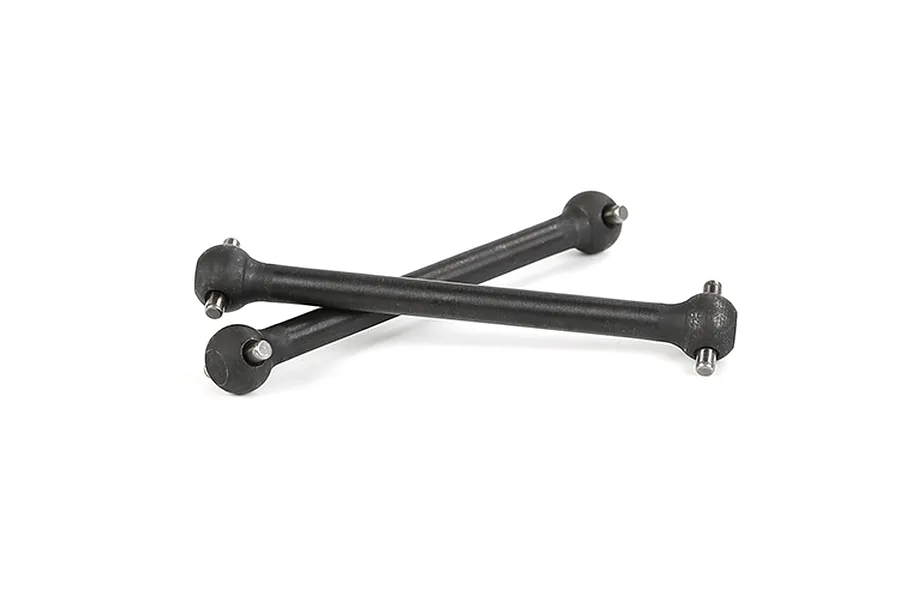 Two black steel RC driveshafts with ball joints and cross pins, arranged in an X shape against a white background.