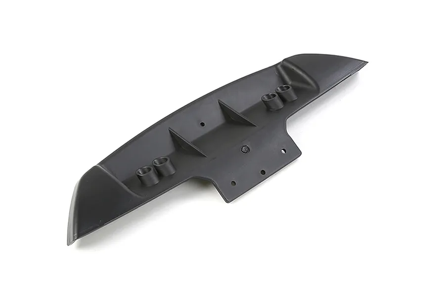 A black plastic rear bumper for an RC vehicle, shown from an angled top-down perspective against a white background.