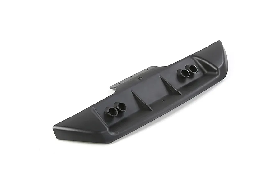 A matte black Rovan rear bumper for an RC car, featuring integrated exhaust pipe details on a white background.