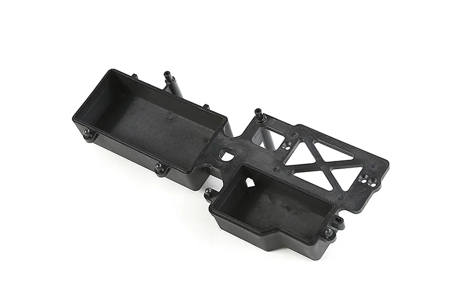 A black plastic Rovan electronics box for an RC car, featuring two compartments and mounting points, isolated on a white background.