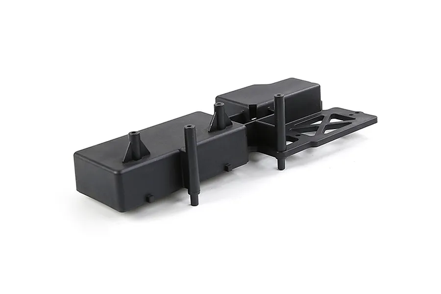 A black plastic Rovan electronics box for an RC car, featuring mounting posts and a structural support frame.