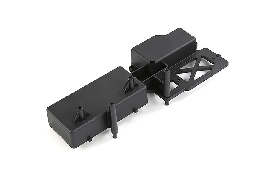 A black plastic Rovan electronics box for an RC car, featuring mounting posts and a structural base.
