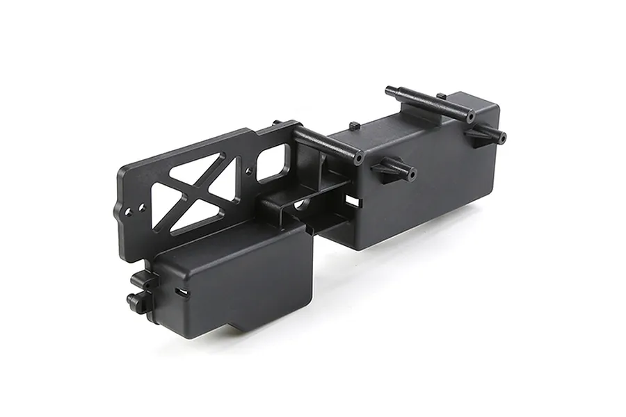A black plastic Rovan electronics box for an RC car, featuring mounting points and a structural support frame, isolated on a white background.