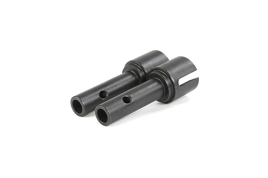 Two black steel rear wheel drive axles for an RC car, shown side by side on a white background.