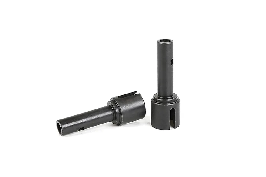 Two Rovan steel rear wheel axles for RC cars, one standing upright and one lying horizontally against a white background.