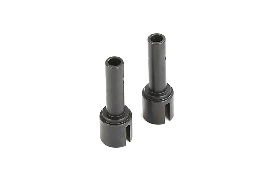 Two dark grey steel RC rear wheel axles standing upright against a plain white background.