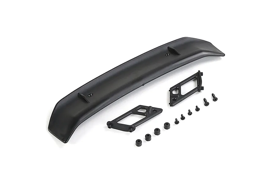 A black Rovan RC rear wing with two mounting brackets and a set of small screws and spacers on a white background.