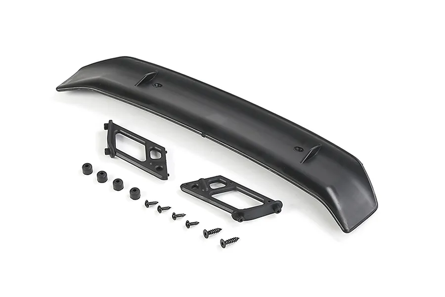 A black RC car rear wing with two mounting brackets, four small rubber grommets, and four screws on a white background.