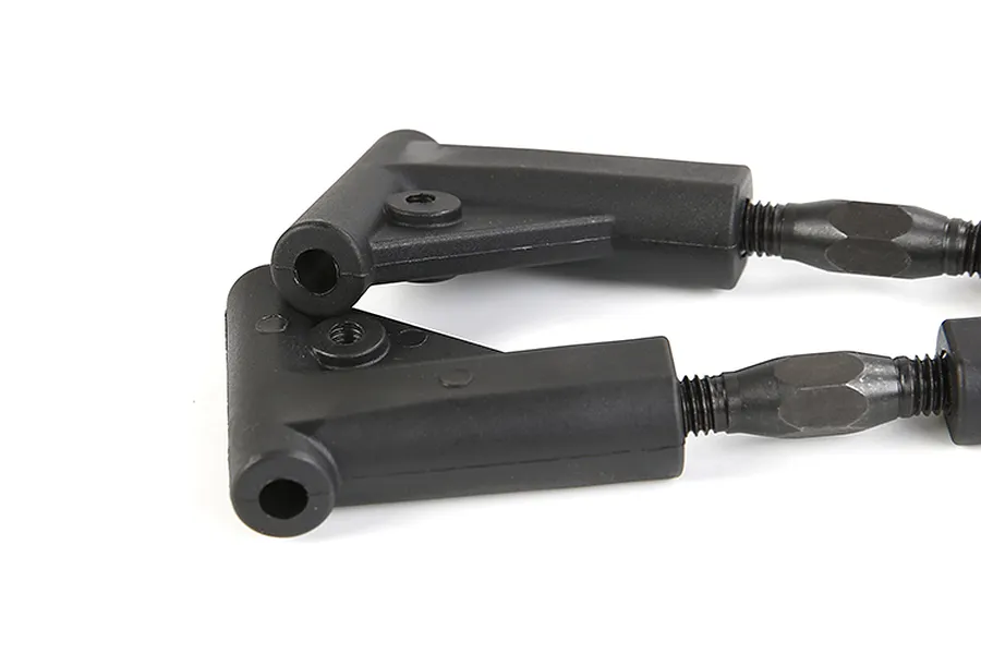 Two black Rovan RC rear upper suspension arms with metal threaded rod ends against a white background.