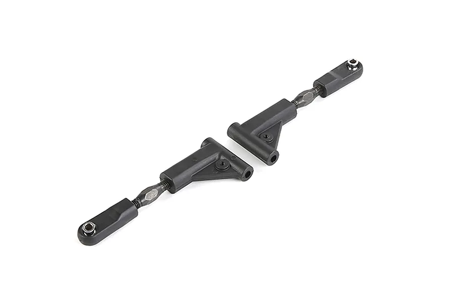 Two black Rovan RC rear upper suspension arm assemblies with metal turnbuckles and plastic ends on a white background.