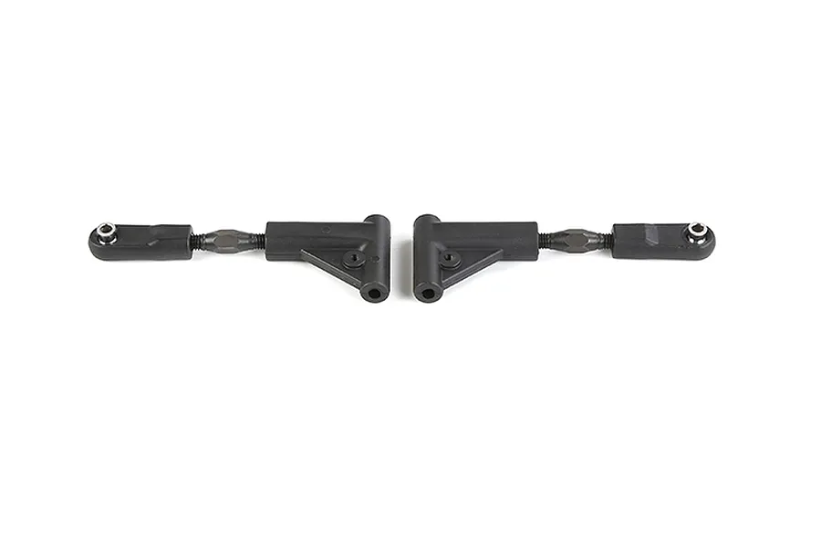 Two black Rovan RC rear upper suspension arms with adjustable rod ends on a white background.
