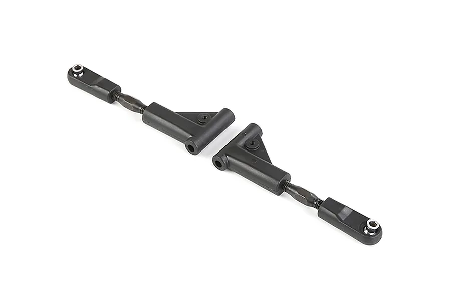 Two black Rovan RC rear upper suspension arms with adjustable turnbuckles on a white background.