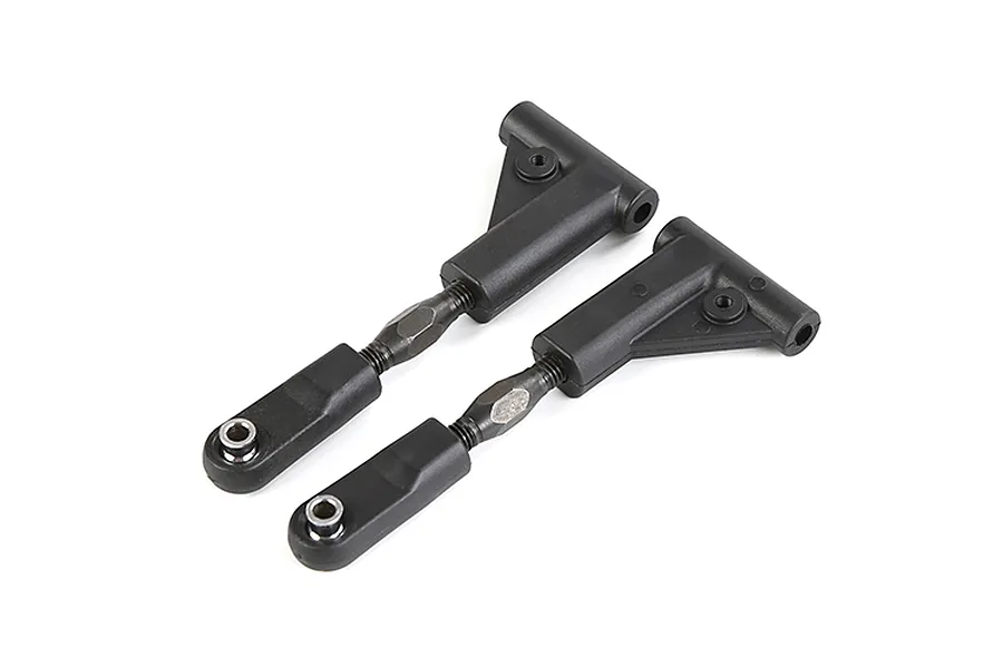 Two black Rovan RC rear upper suspension arms with adjustable turnbuckles on a white background.